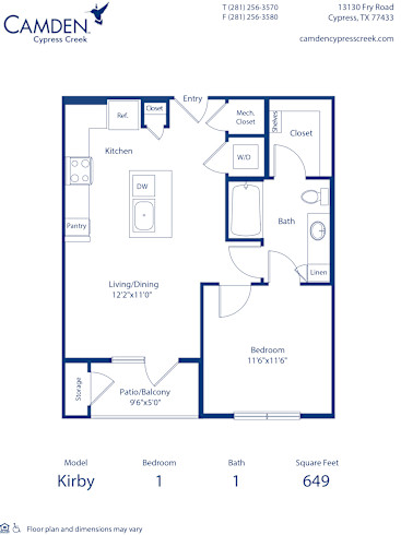 Blueprint of the Kirby floor plan at Camden Cypress Creek II apartments in Houston, TX