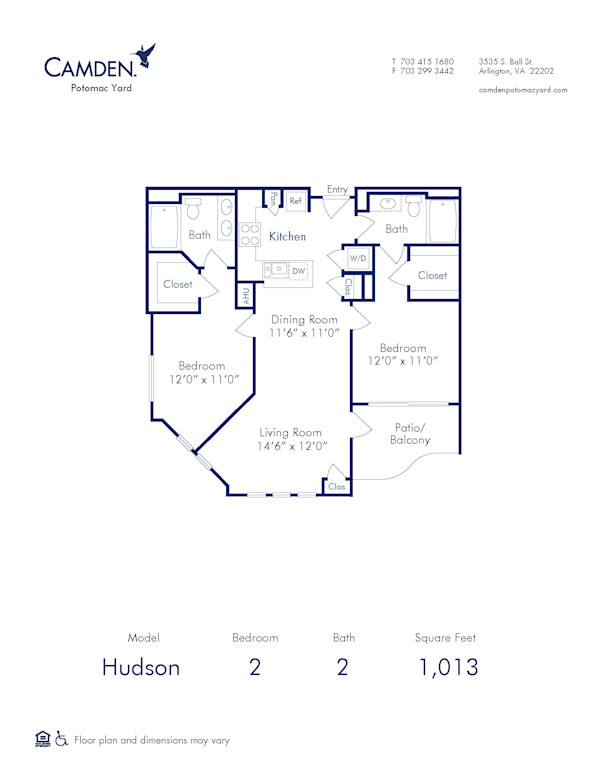 Blueprint of Hudson Floor Plan, 2 Bedrooms and 2 Bathrooms at Camden Potomac Yard Apartments in Arlington, VA