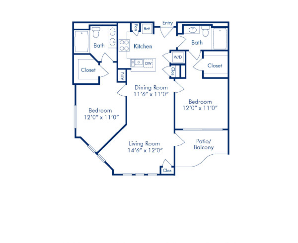 Blueprint of Hudson Floor Plan, 2 Bedrooms and 2 Bathrooms at Camden Potomac Yard Apartments in Arlington, VA