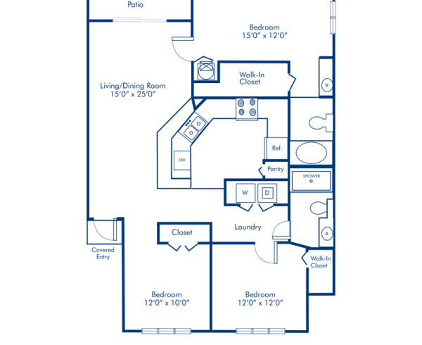 Blueprint of Englewood I Floor Plan, 3 Bedrooms and 2 Bathrooms at Camden Plantation Apartments in Plantation, FL