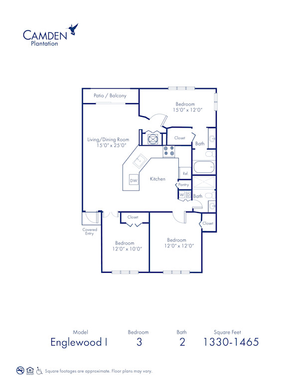 Blueprint of Englewood I Floor Plan, 3 Bedrooms and 2 Bathrooms at Camden Plantation Apartments in Plantation, FL