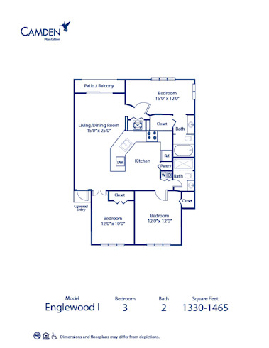 Blueprint of Englewood I Floor Plan, 3 Bedrooms and 2 Bathrooms at Camden Plantation Apartments in Plantation, FL