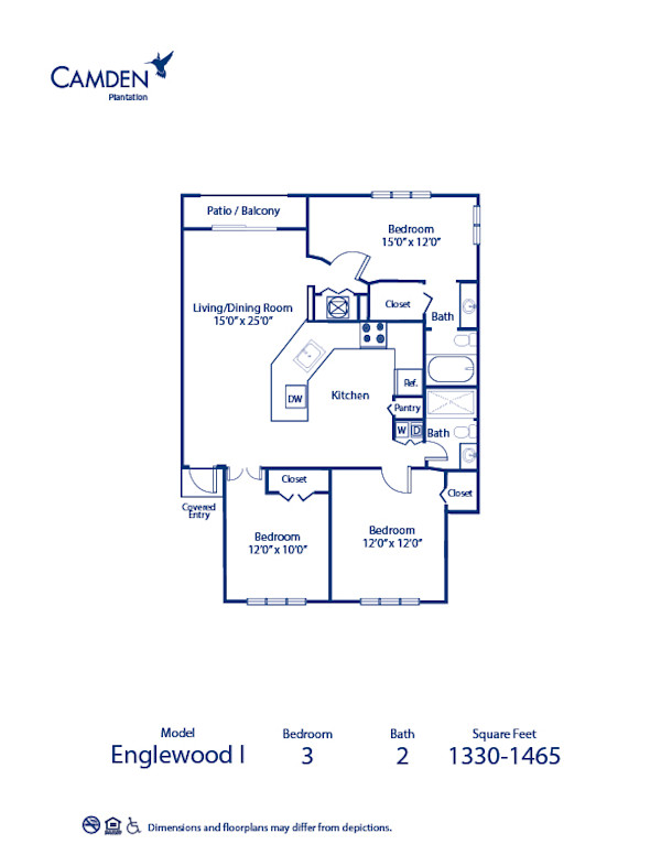 Blueprint of Englewood I Floor Plan, 3 Bedrooms and 2 Bathrooms at Camden Plantation Apartments in Plantation, FL