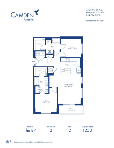 The B7 floor plan, 2 bed, 2 bath apartment home at Camden Atlantic in Plantation, FL