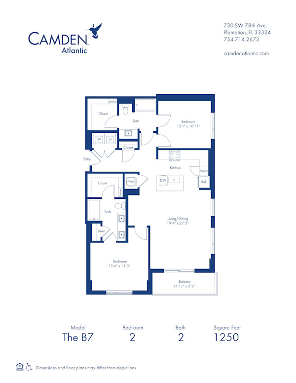 The B7 floor plan, 2 bed, 2 bath apartment home at Camden Atlantic in Plantation, FL