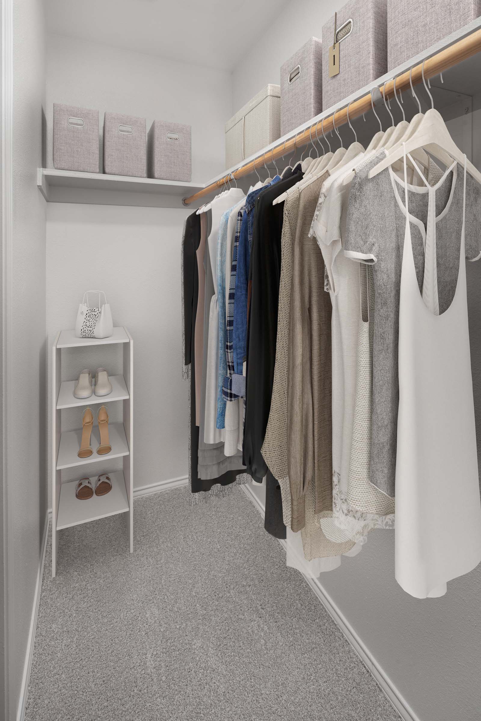Walk-in closet with wood shelves