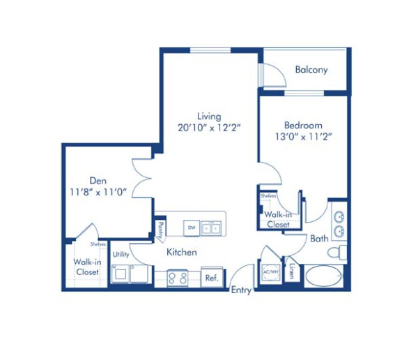 Blueprint of The B-1 Floor Plan, 1 Bedroom, Den and 1 Bathroom at Camden Boca Raton Apartments in Boca Raton, FL
