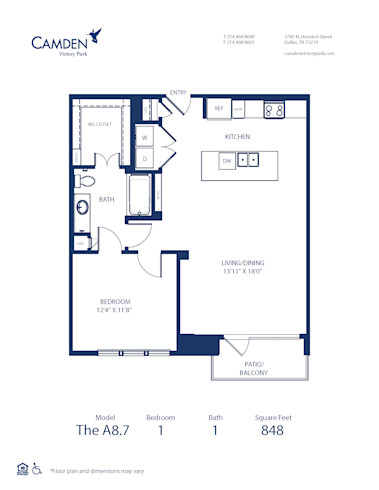 Blueprint of A8.7 Floor Plan, 1 Bedroom and 1 Bathroom at Camden Victory Park Apartments in Dallas, TX