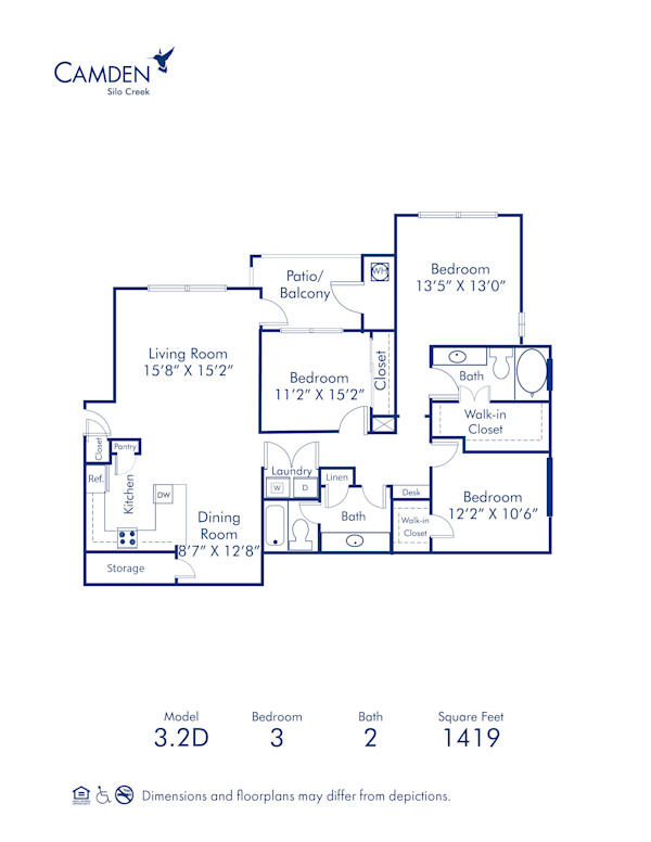 Blueprint of 3.2D Floor Plan, 3 Bedrooms and 2 Bathrooms at Camden Silo Creek Apartments in Ashburn, VA