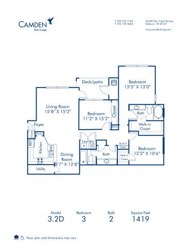 Blueprint of 3.2D Floor Plan, 3 Bedrooms and 2 Bathrooms at Camden Silo Creek Apartments in Ashburn, VA