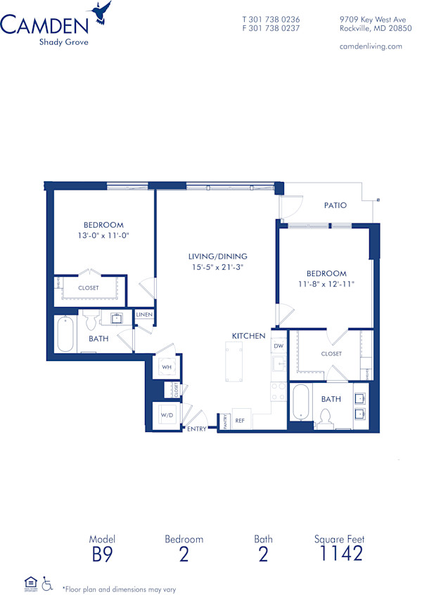 Blueprint of B9 Floor Plan, 2 Bedrooms and 2 Bathrooms at Camden Shady Grove Apartments in Rockville, MD