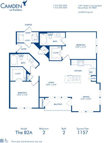 Blueprint of B2A Floor Plan, 2 Bedrooms and 2 Bathrooms at Camden La Frontera Apartments in Round Rock, TX