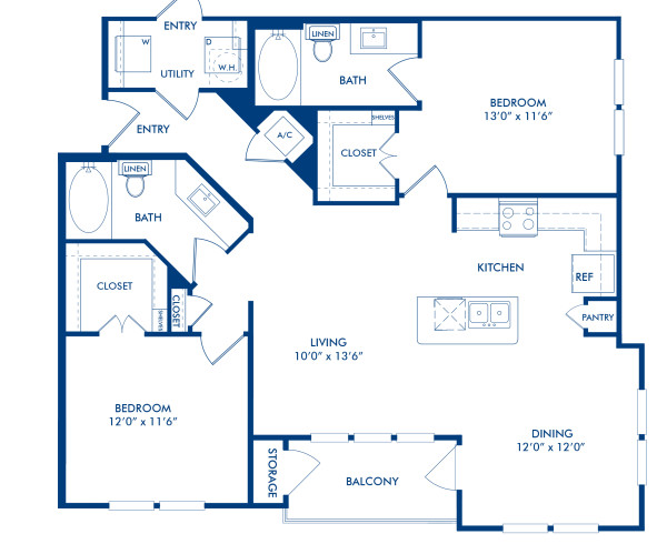 Blueprint of B2A Floor Plan, 2 Bedrooms and 2 Bathrooms at Camden La Frontera Apartments in Round Rock, TX