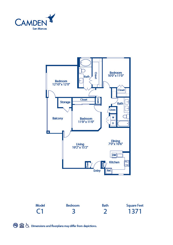 Blueprint of C1 Floor Plan, 3 Bedrooms and 2 Bathrooms at Camden San Marcos Apartments in Scottsdale, AZ