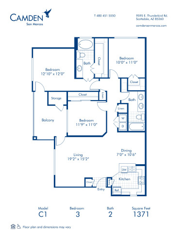 Blueprint of C1 Floor Plan, 3 Bedrooms and 2 Bathrooms at Camden San Marcos Apartments in Scottsdale, AZ