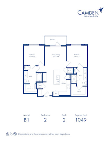 B1 floor plan, 2 bed x 2 bath apartment home at Camden West Nashville in Nashville, TN