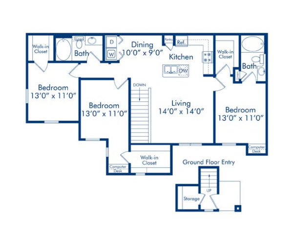 Blueprint of Verbena Floor Plan, 3 Bedrooms and 2 Bathrooms at Camden Brushy Creek Apartments in Cedar Park, TX