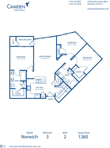 Blueprint of Norwich Floor Plan, 3 Bedrooms and 2 Bathrooms at Camden Dulles Station Apartments in Herndon, VA