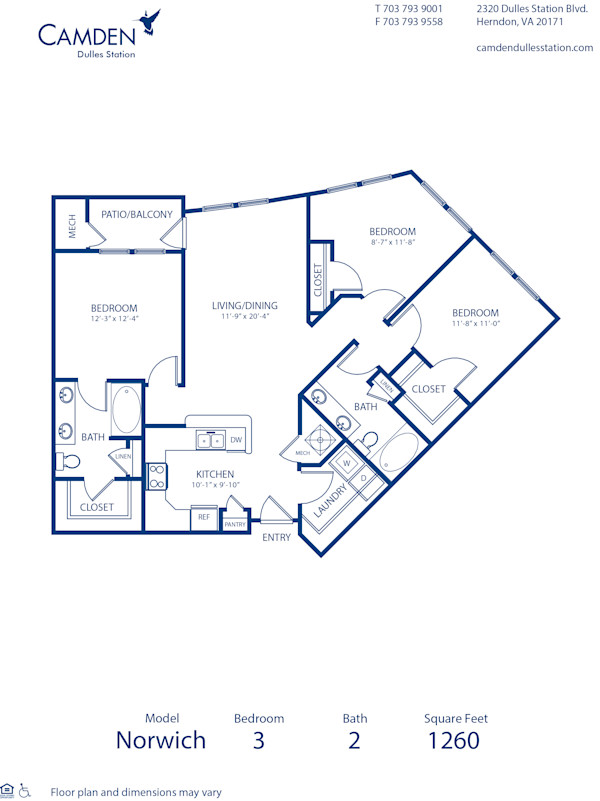 Blueprint of Norwich Floor Plan, 3 Bedrooms and 2 Bathrooms at Camden Dulles Station Apartments in Herndon, VA