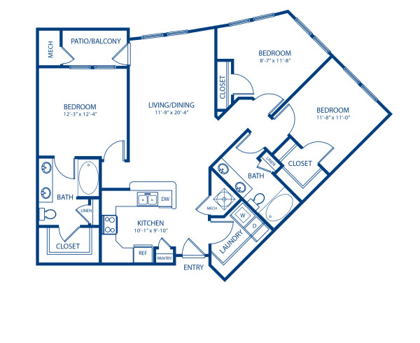 Blueprint of Norwich Floor Plan, 3 Bedrooms and 2 Bathrooms at Camden Dulles Station Apartments in Herndon, VA