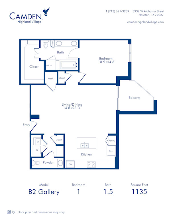 Camden Highland Village apartments in Houston, TX Gallery one bedroom floor plan B2