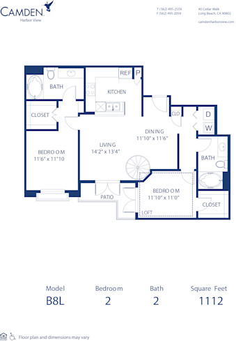 Blueprint of B8L Floor Plan, 2 Bedrooms and 2 Bathrooms at Camden Harbor View Apartments in Long Beach, CA
