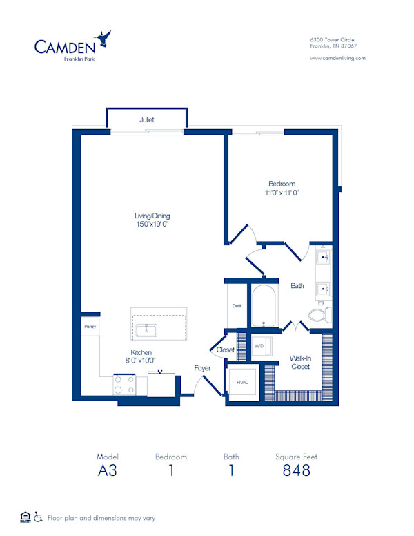 Camden Franklin Park apartments one bedroom floor plan A3