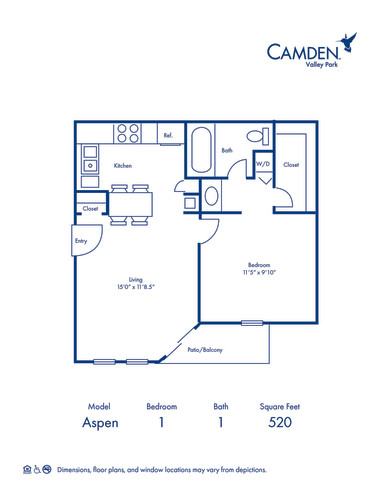 Blueprint of A Floor Plan, Apartment Home with 1 Bedroom and 1 Bathroom at Camden Valley Park in Irving, TX