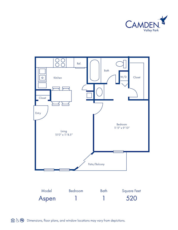 Blueprint of A Floor Plan, Apartment Home with 1 Bedroom and 1 Bathroom at Camden Valley Park in Irving, TX