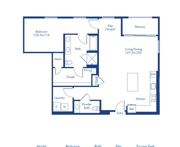 Camden Hillcrest apartments in San Diego, California one bedroom, one and a half bath floor plan The A15