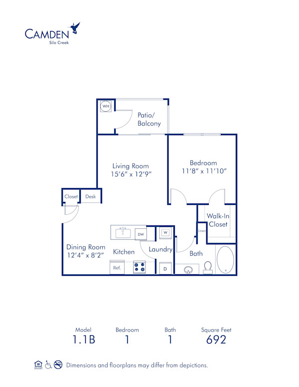 Blueprint of 1.1B Floor Plan, 1 Bedroom and 1 Bathroom at Camden Silo Creek Apartments in Ashburn, VA