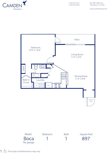 Blueprint of Boca - No Garage Floor Plan, 1 Bedroom and 1 Bathroom at Camden Plantation Apartments in Plantation, FL