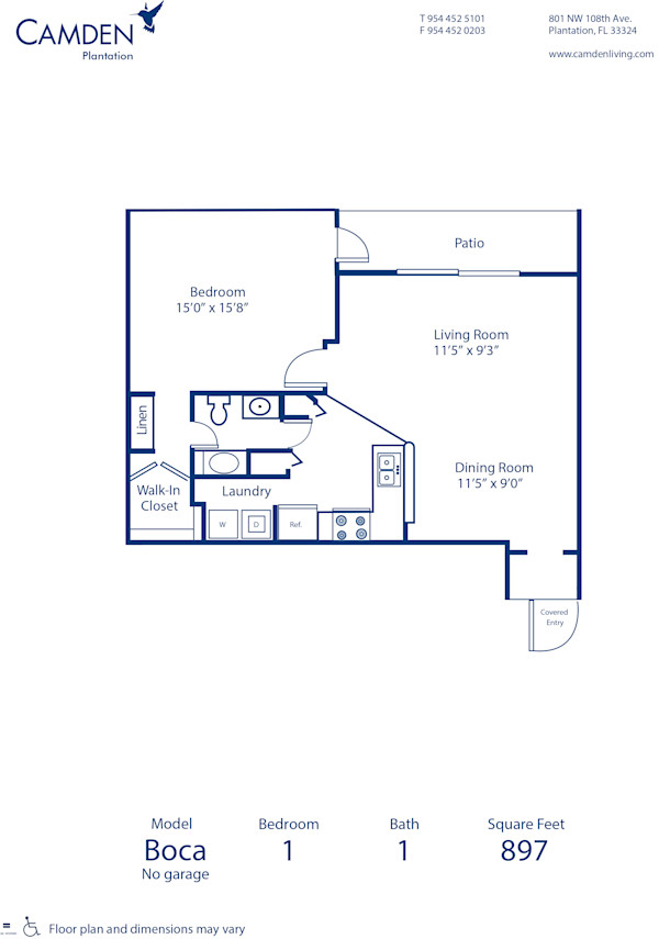 Blueprint of Boca - No Garage Floor Plan, 1 Bedroom and 1 Bathroom at Camden Plantation Apartments in Plantation, FL