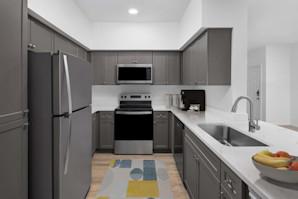 Modern finish kitchen with stainless steel appliances, modern shaker-style cabinetry, and white quartz countertops in Camden Sugar Grove Apartments in Houston, TX
