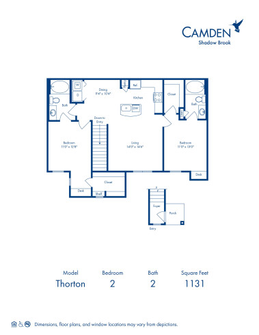 Blueprint of Thorton Floor Plan, 2 Bedrooms and 2 Bathrooms at Camden Shadow Brook Apartments in Austin, TX