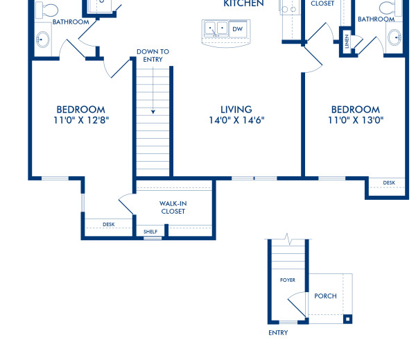 Blueprint of Thorton Floor Plan, 2 Bedrooms and 2 Bathrooms at Camden Shadow Brook Apartments in Austin, TX