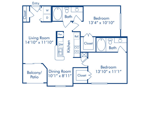 Blueprint of E Floor Plan, 2 Bedrooms and 2 Bathrooms at Camden Greenway Apartments in Houston, TX