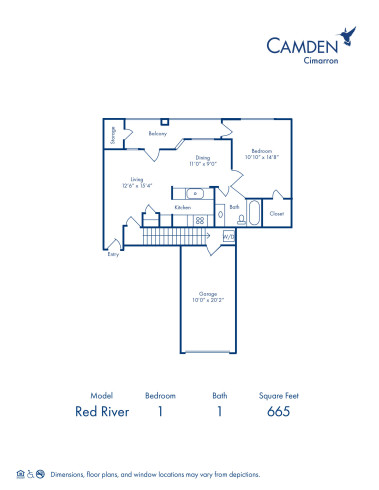 Blueprint of Red River Floor Plan, 1 Bedroom and 1 Bathroom at Camden Cimarron Apartments in Irving, TX