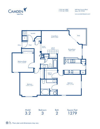 Blueprint of 3.2 Floor Plan, 3 Bedrooms and 2 Bathrooms at Camden Lake Pine Apartments in Apex, NC