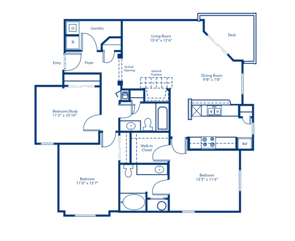 Blueprint of 3.2 Floor Plan, 3 Bedrooms and 2 Bathrooms at Camden Lake Pine Apartments in Apex, NC