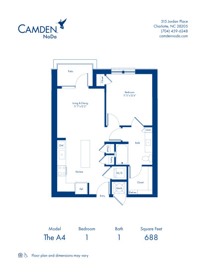 The A4 floor plan at Camden NoDa in Charlotte, NC - 1 bed, 1 bath floor plan at 688 square feet