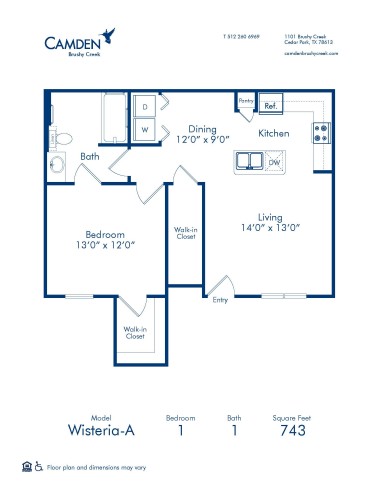 Wisteria-A floor plan, 1 bed, 1 bath, 743 sq ft accessible apartment home at Camden Brushy Creek Apartments in Cedar Park, TX