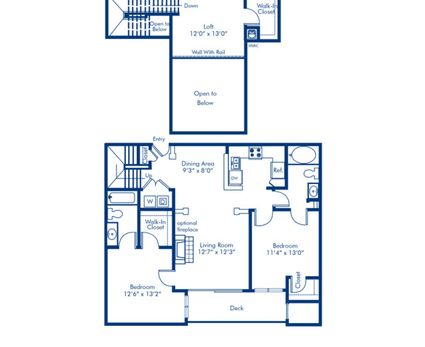 2.2LB floor plan at Camden Fair Lakes apartments, 2 bed, 2 bath loft
