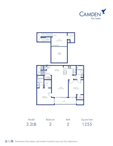 2.2LB floor plan at Camden Fair Lakes apartments, 2 bed, 2 bath loft