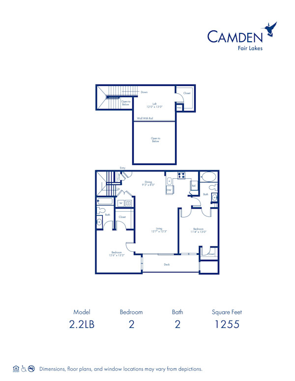2.2LB floor plan at Camden Fair Lakes apartments, 2 bed, 2 bath loft