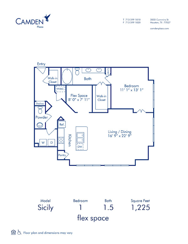 Blueprint of Sicily Floor Plan, 1 Bedroom and 1.5 Bathrooms at Camden Plaza Apartments in Houston, TX