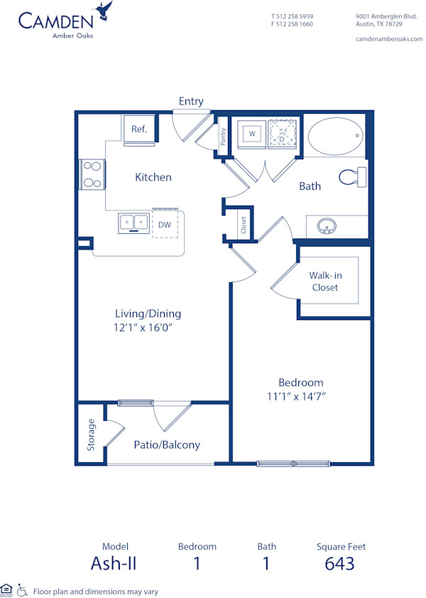 Blueprint of Ash - II Floor Plan, 1 Bedroom and 1 Bathroom at Camden Amber Oaks II Apartments in Austin, TX