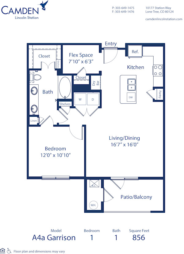 Blueprint of Garrison Floor Plan, 1 Bedroom and 1 Bathroom at Camden Lincoln Station Apartments in Lone Tree, CO