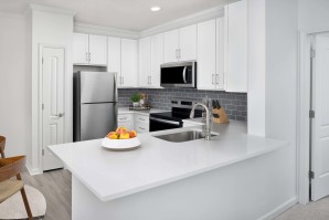 Kitchen with quartz countertops at Camden Montague apartments in Tampa, FL