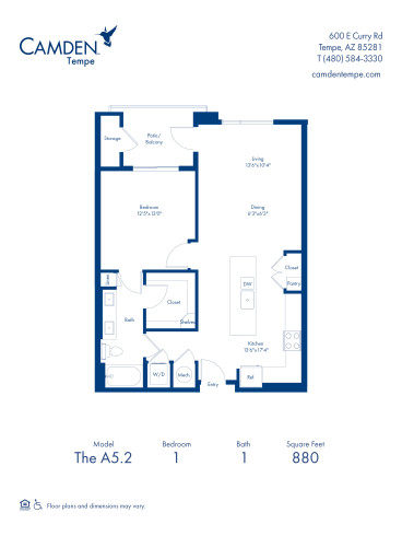 Camden Tempe apartments in Tempe, Arizona, one bedroom floor plan A5.2